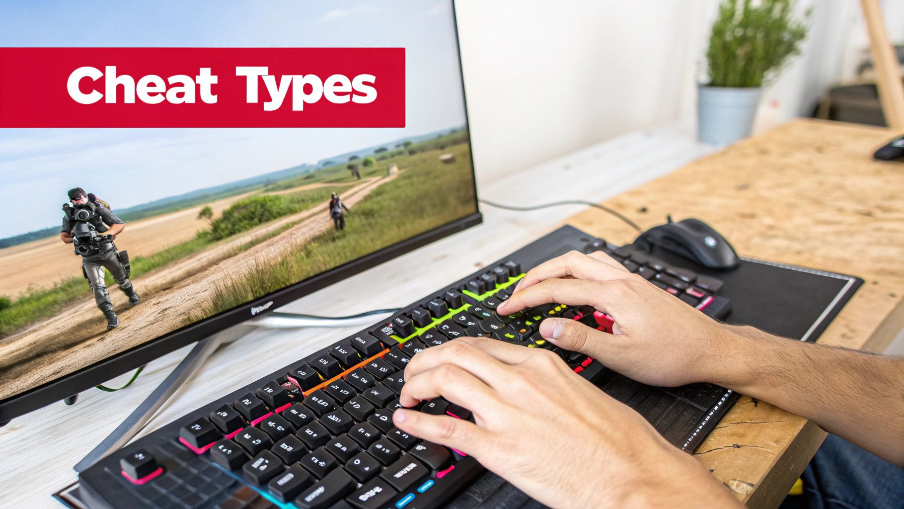 Close-up of hands typing on a gaming keyboard while a monitor displays a video game with 'Cheat Types' banner.