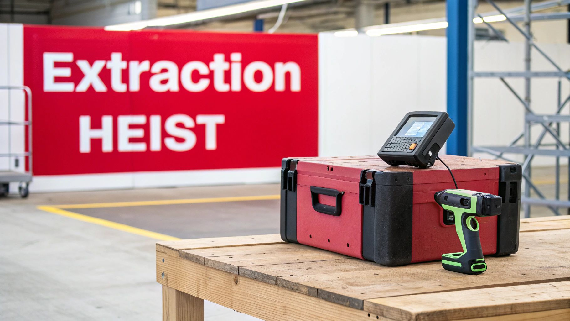 A red sign reads 'Extraction HEIST' behind a terminal, green tool, and red case on a wooden table.