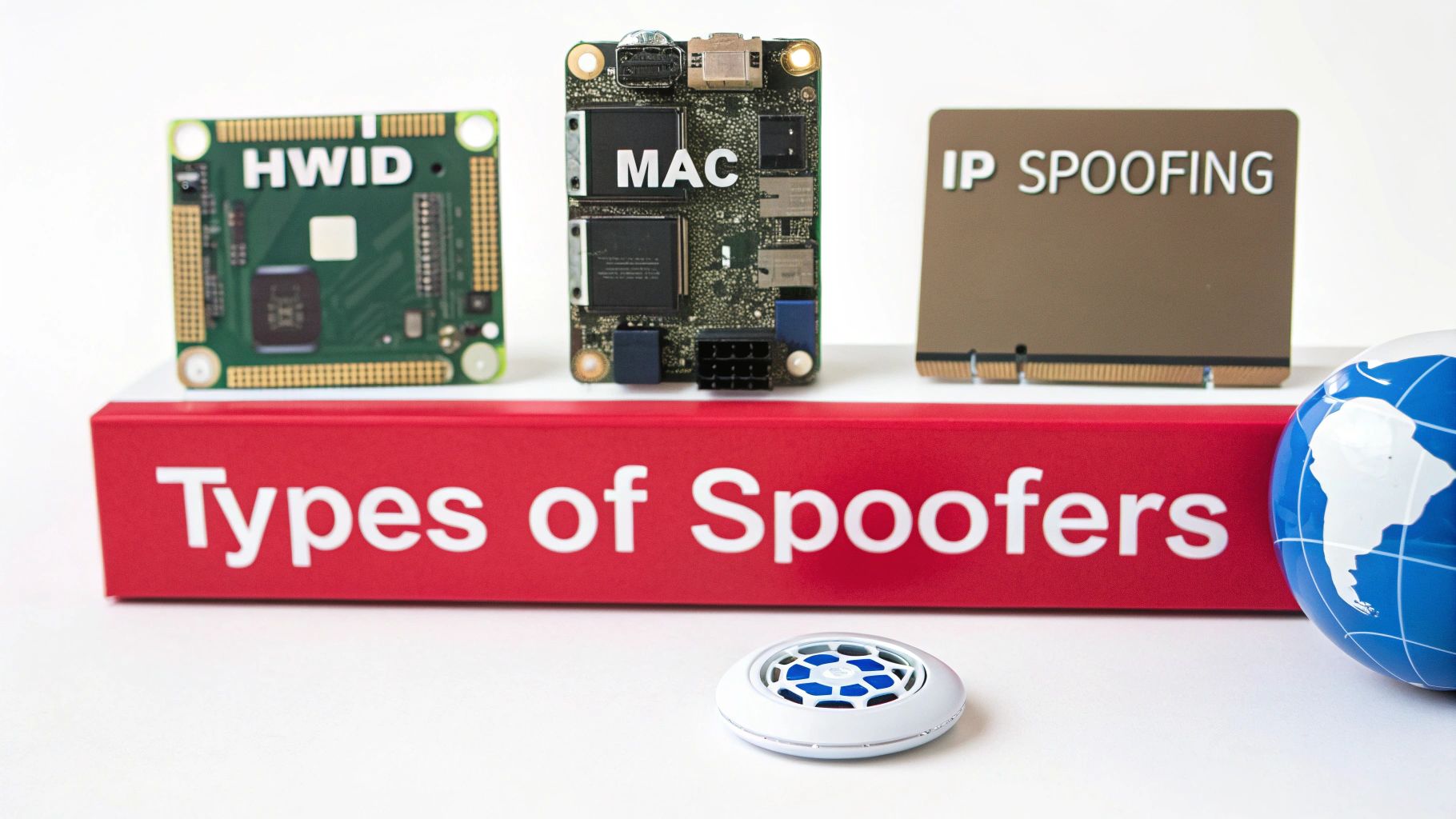 Circuit boards labeled HWID, MAC, and IP Spoofing illustrate different types of spoofers.
