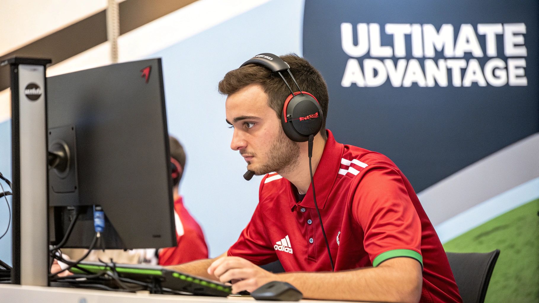A focused young man in a red esports jersey playing a video game with a headset.
