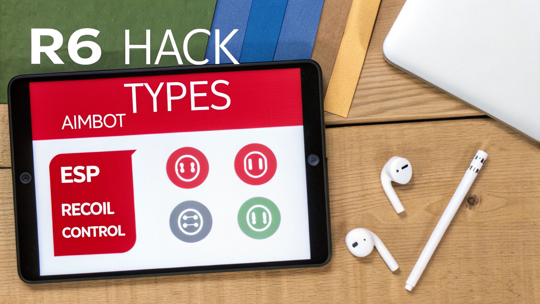 Tablet displaying 'R6 Hack Types' including Aimbot, ESP, and Recoil Control on a wooden desk.
