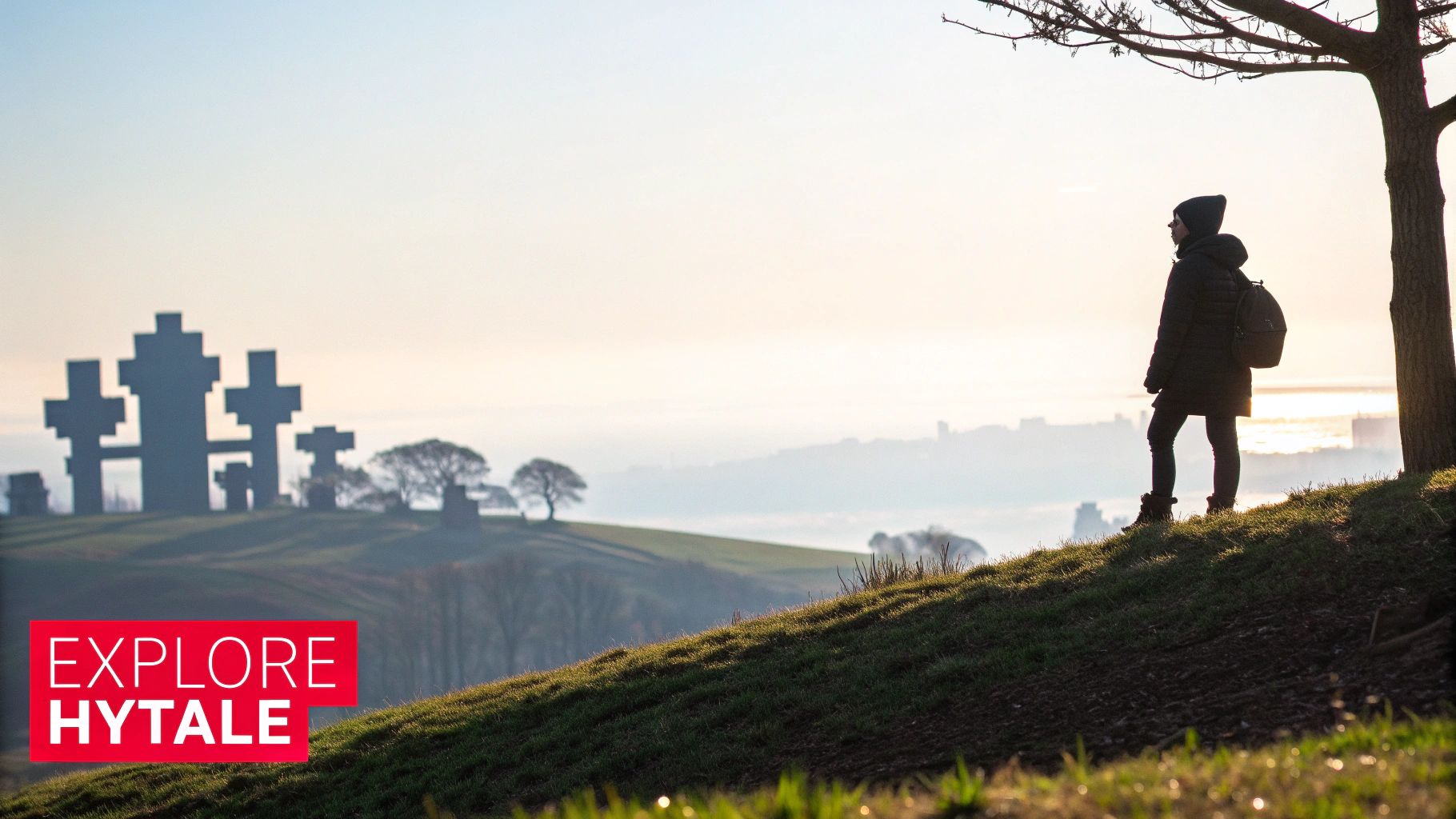 A person with a backpack stands on a grassy hill, looking over a misty valley with large cross-shaped monuments.