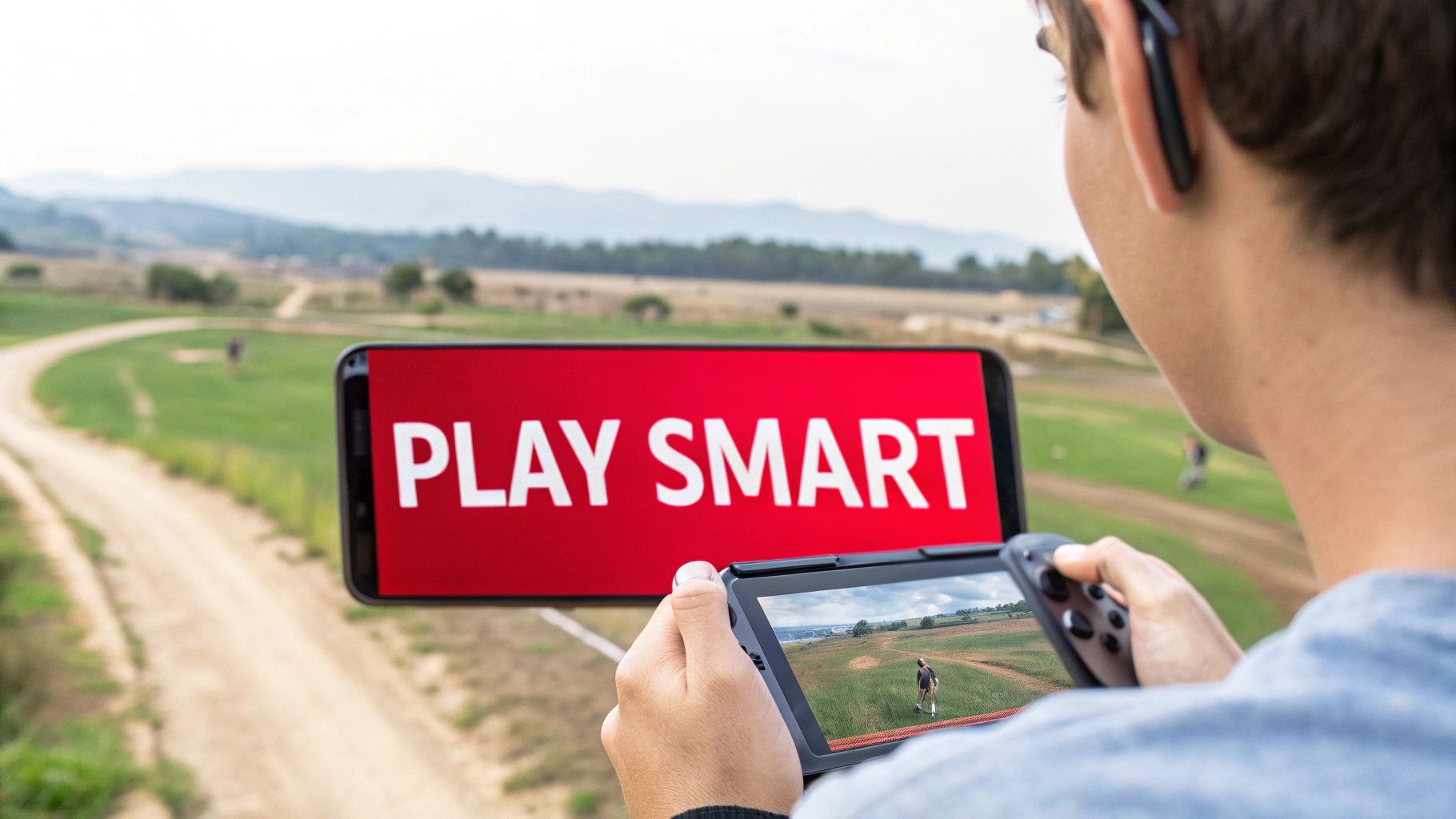 A person playing a video game on a portable device, with a large "PLAY SMART" screen in the background.