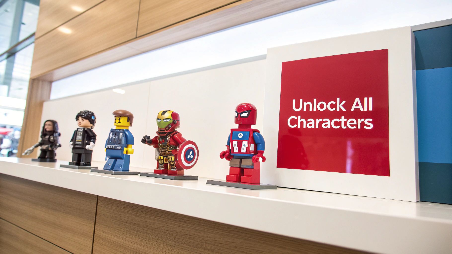 A display of LEGO minifigures, featuring Marvel characters and a sign saying 'Unlock All Characters'.