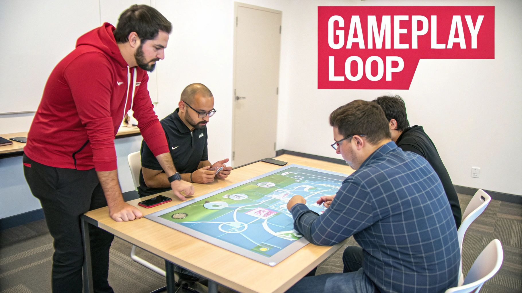 Four men collaborate around a large interactive digital tabletop display, playing a game or interacting with a map.