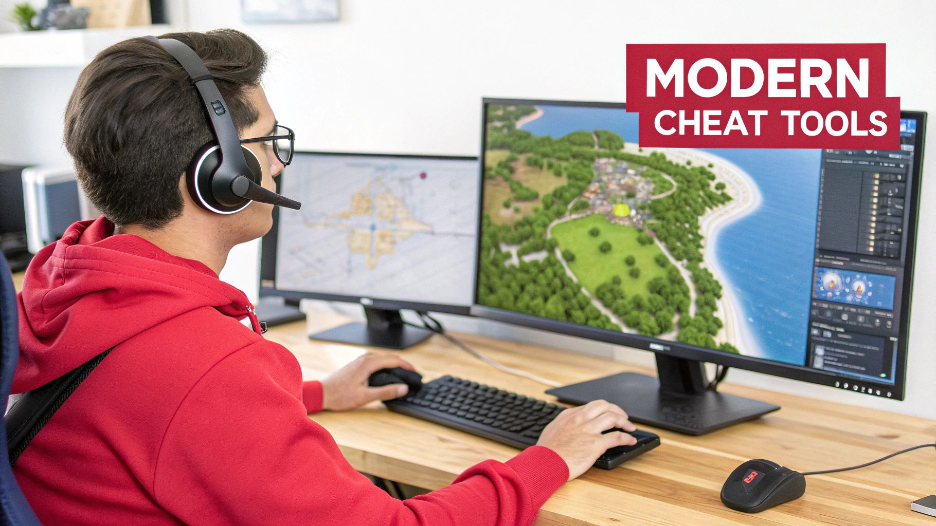 A young man with a headset playing a computer game on a dual monitor setup.