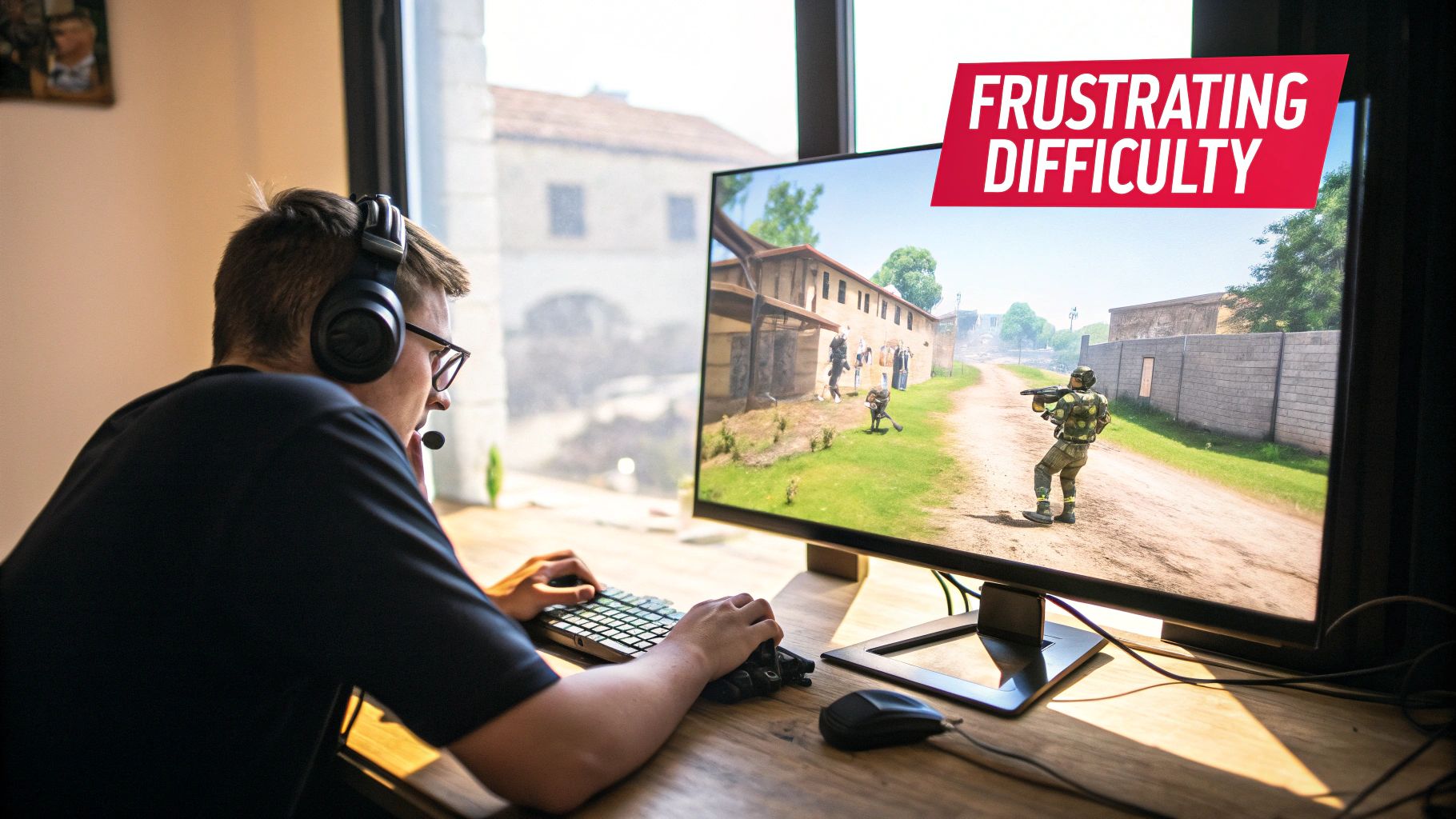 A gamer in headphones plays a challenging first-person shooter game on a computer monitor.