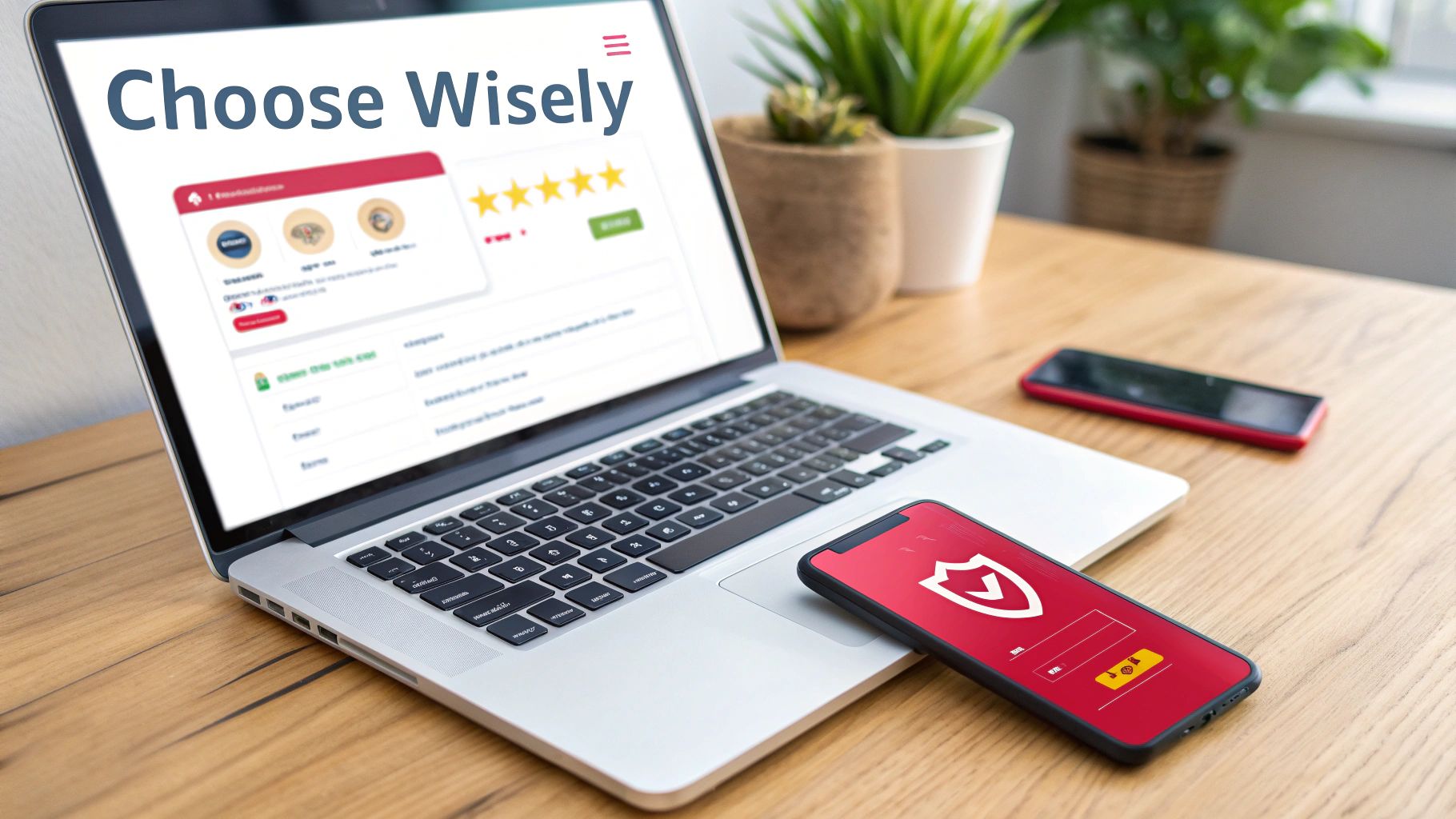 Laptop displaying 'Choose Wisely' and product reviews, with a smartphone showing a security shield.