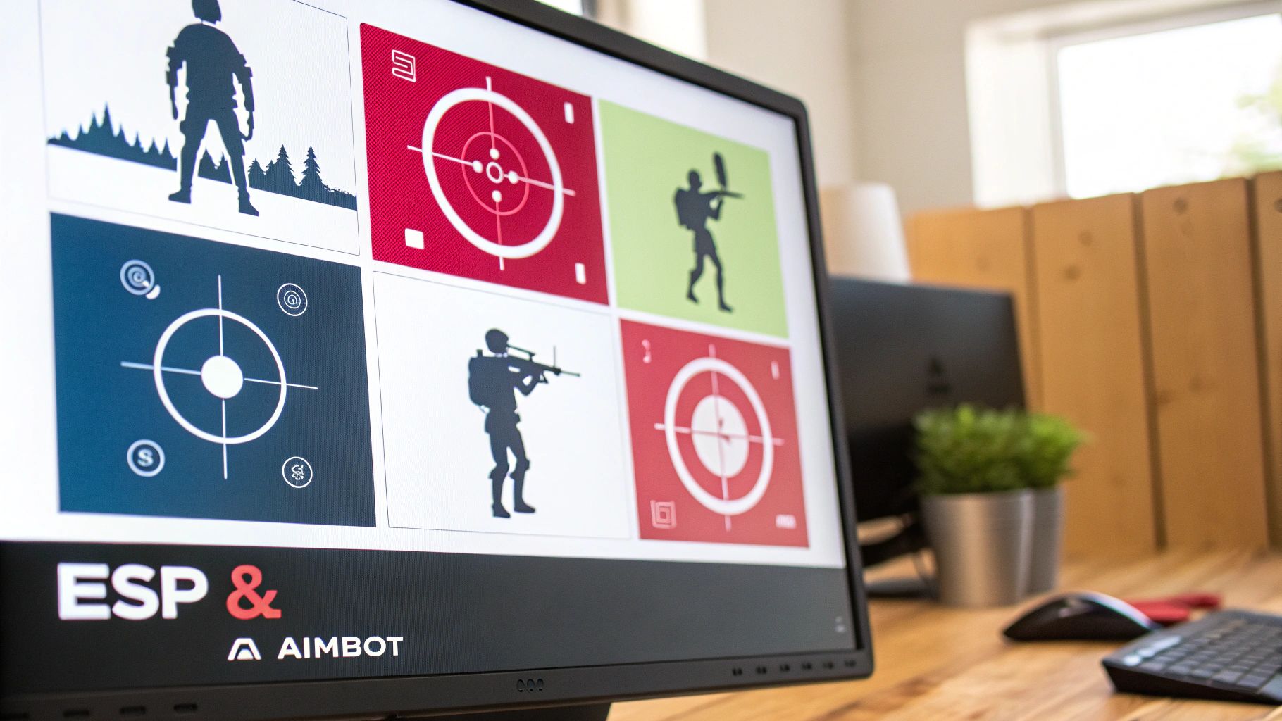 A computer monitor displays gaming cheat software featuring targets, player silhouettes, and 'ESP & AIMBOT'.