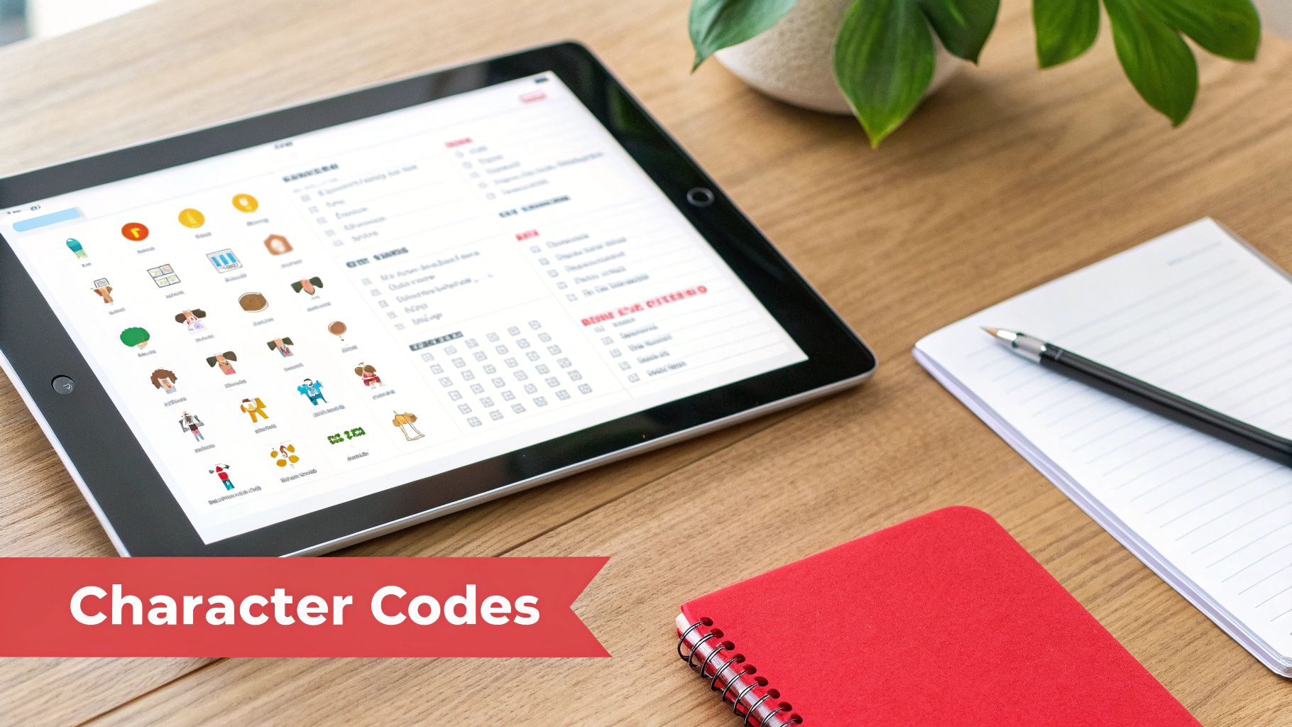 A tablet displaying character codes, with notebooks, a pen, and a plant on a wooden desk.