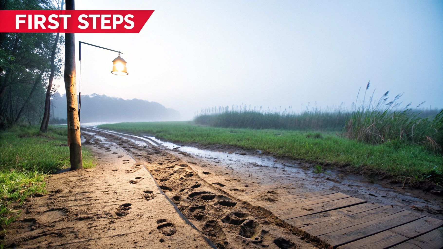 A misty morning path with footprints and a wooden walkway illuminated by a glowing lantern.