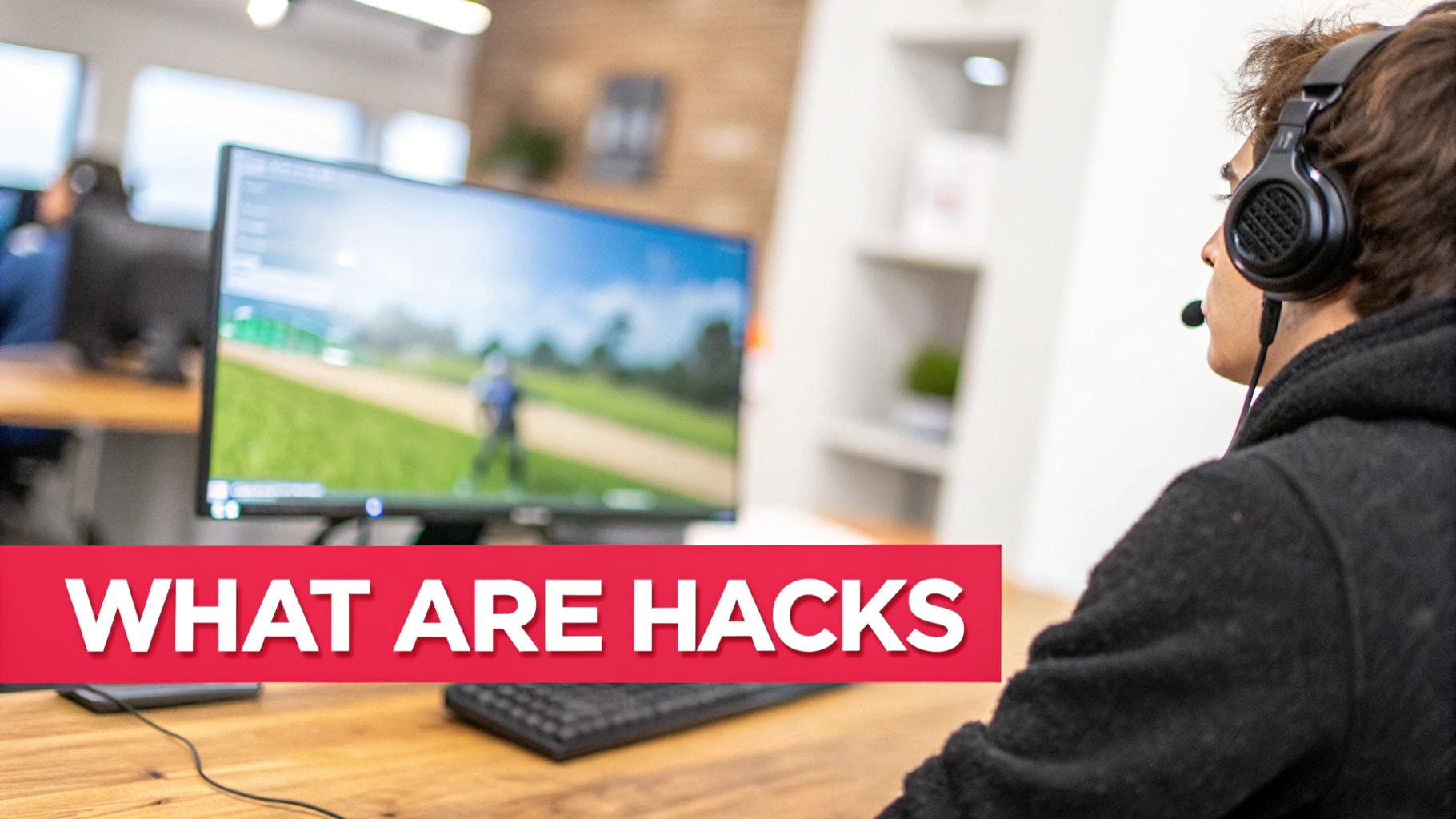 A person in a gaming headset playing a video game on a monitor, with text 'WHAT ARE HACKS'.