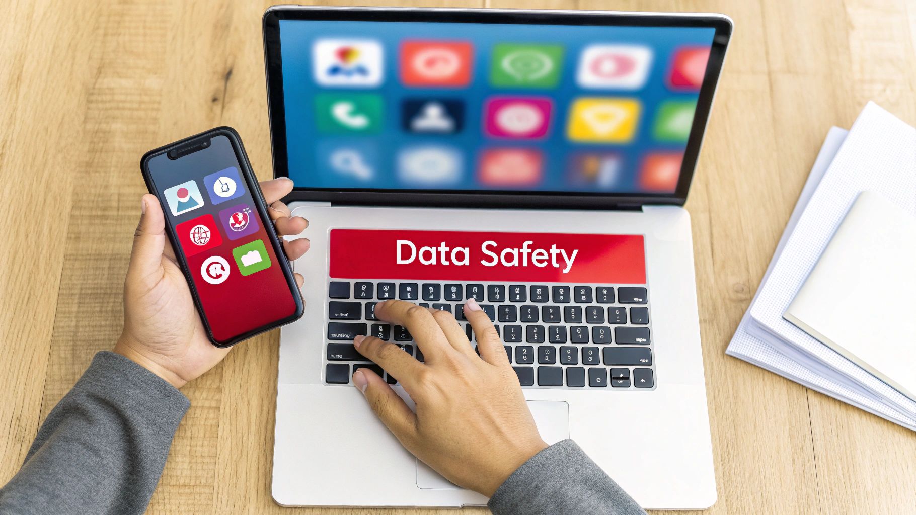 A person types on a laptop with a 'Data Safety' banner, holding a smartphone displaying app icons.