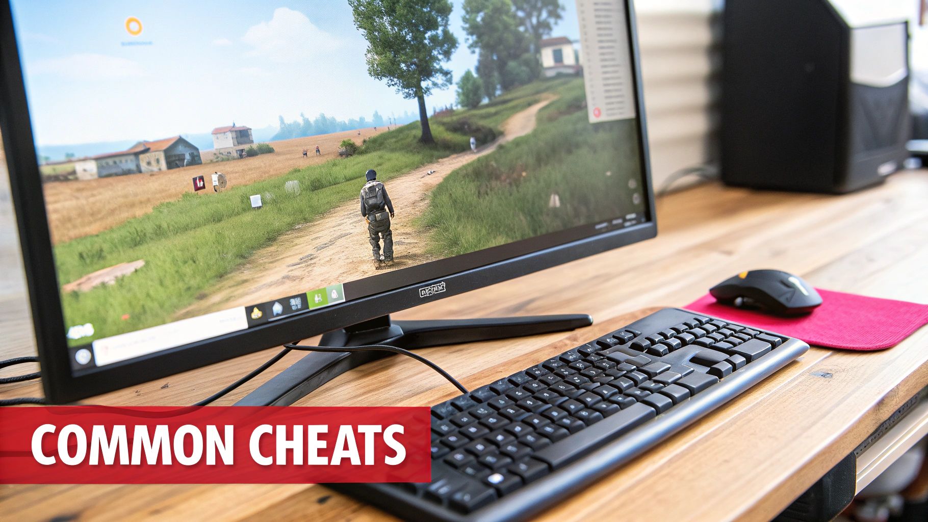 A close-up of a gaming setup with a monitor displaying a game, keyboard, and mouse.