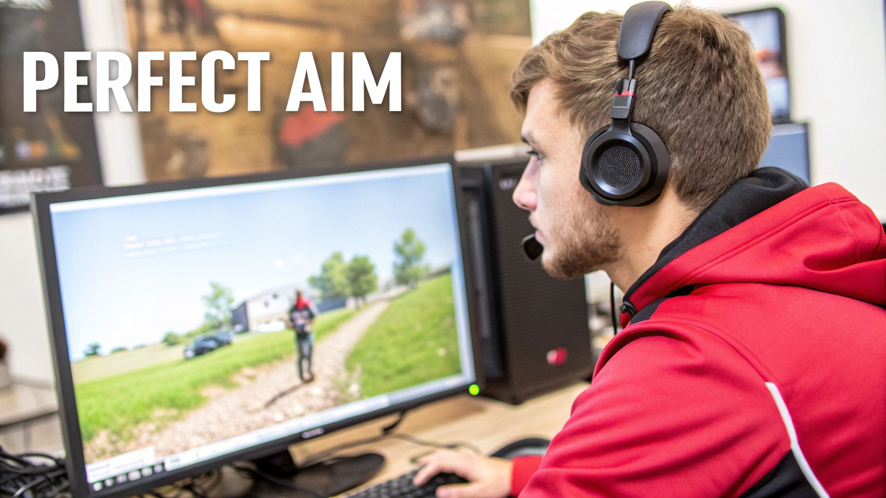 A young man with headphones on, wearing a red hoodie, playing a video game on a computer.