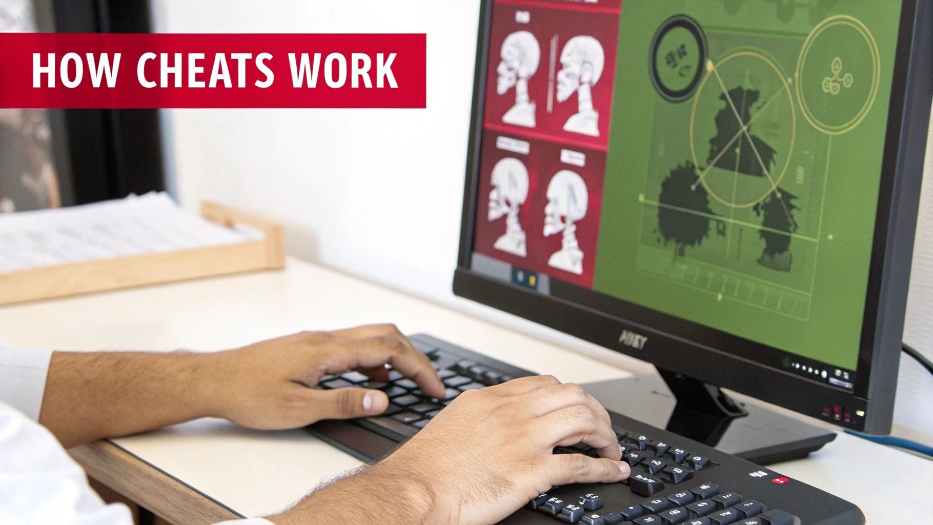 A person types on a keyboard, looking at a computer screen displaying 'How Cheats Work' and game-like graphics.