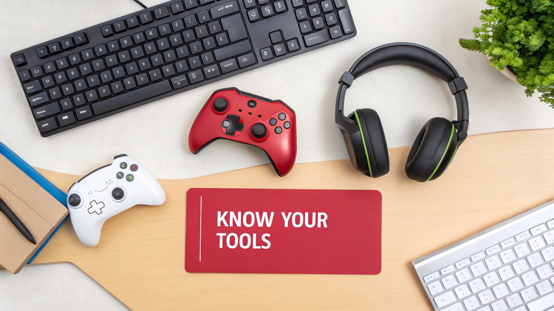 A flat lay of a gaming desk with keyboards, two controllers, headphones, and a 'KNOW YOUR TOOLS' mat.