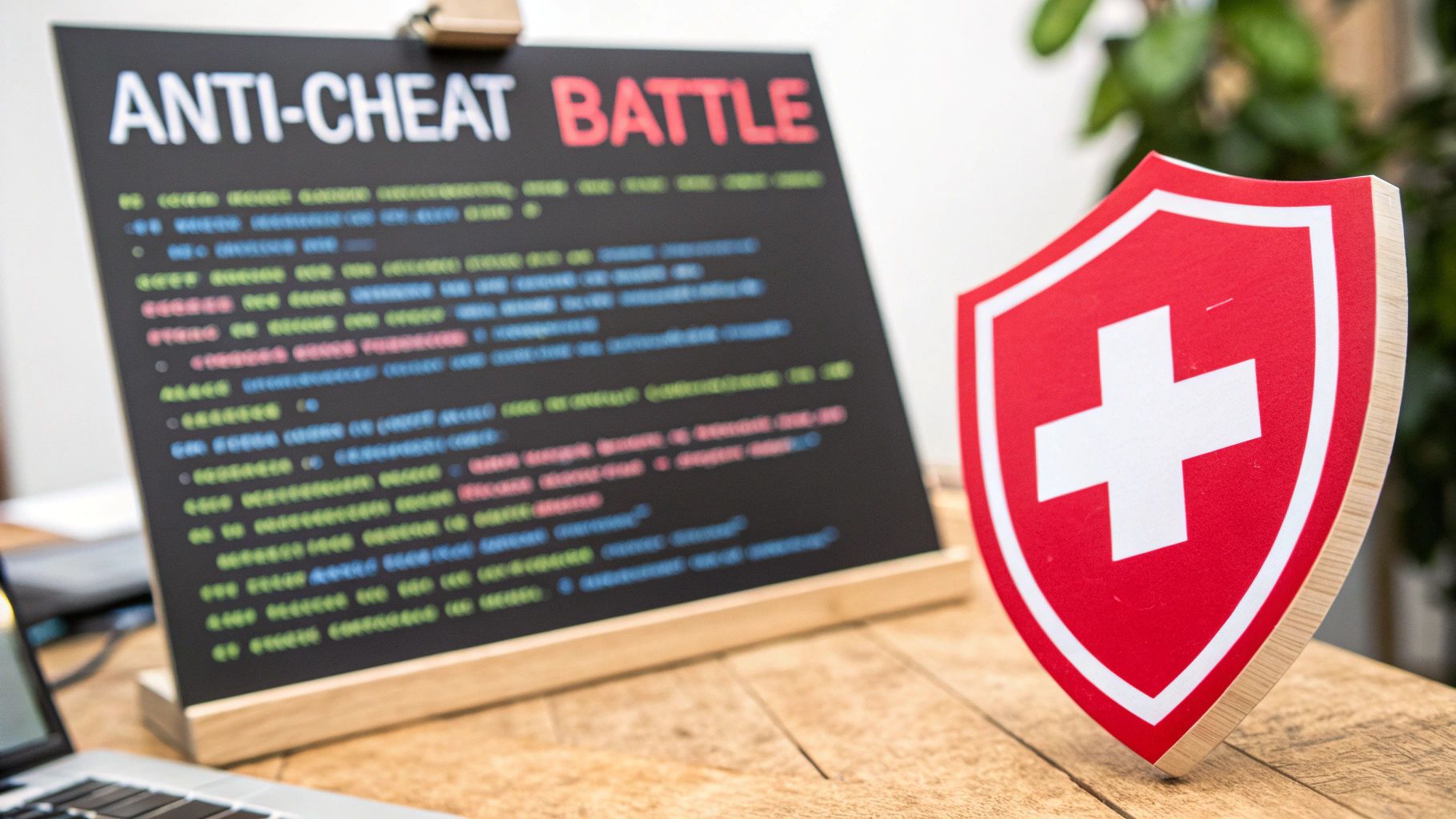 A black board displays 'ANTI-CHEAT BATTLE' with colorful code, next to a red shield, symbolizing digital security.