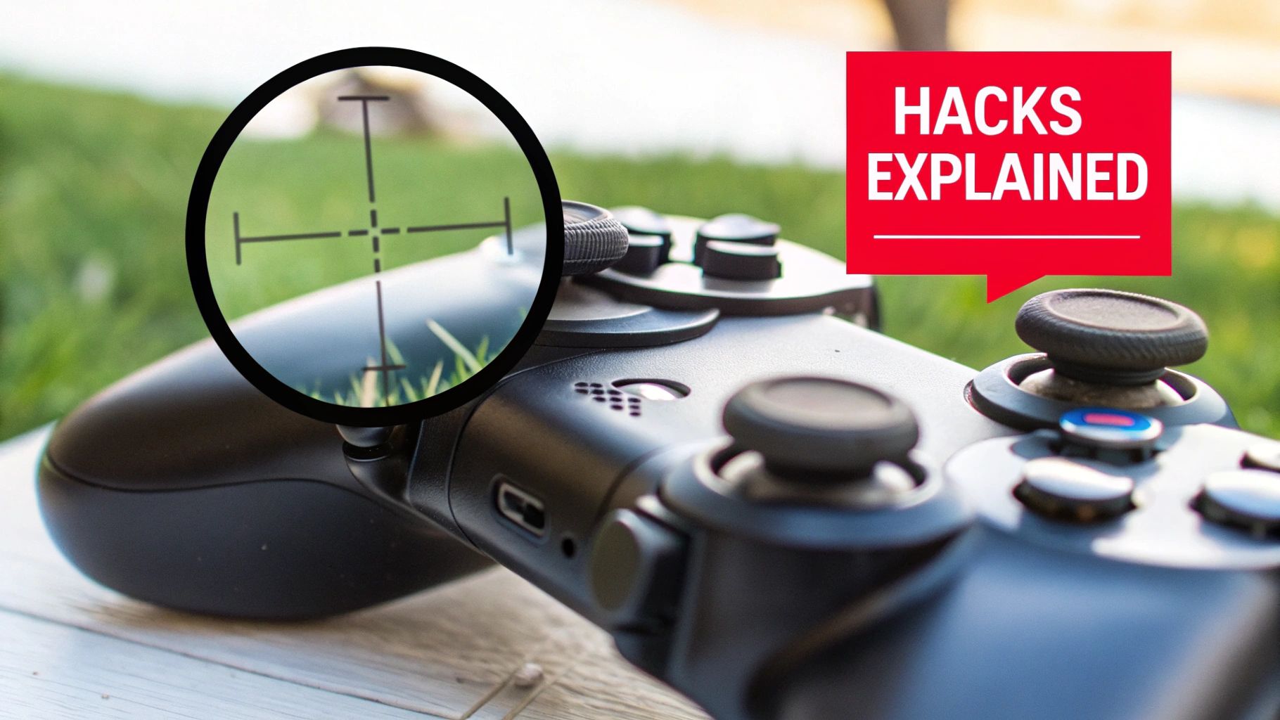 A black video game controller with a crosshair scope overlay and a red 'HACKS EXPLAINED' speech bubble.