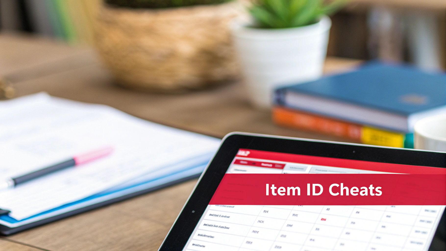 A tablet displaying 'Item ID Cheats' on its screen, with papers and office supplies on a wooden desk.