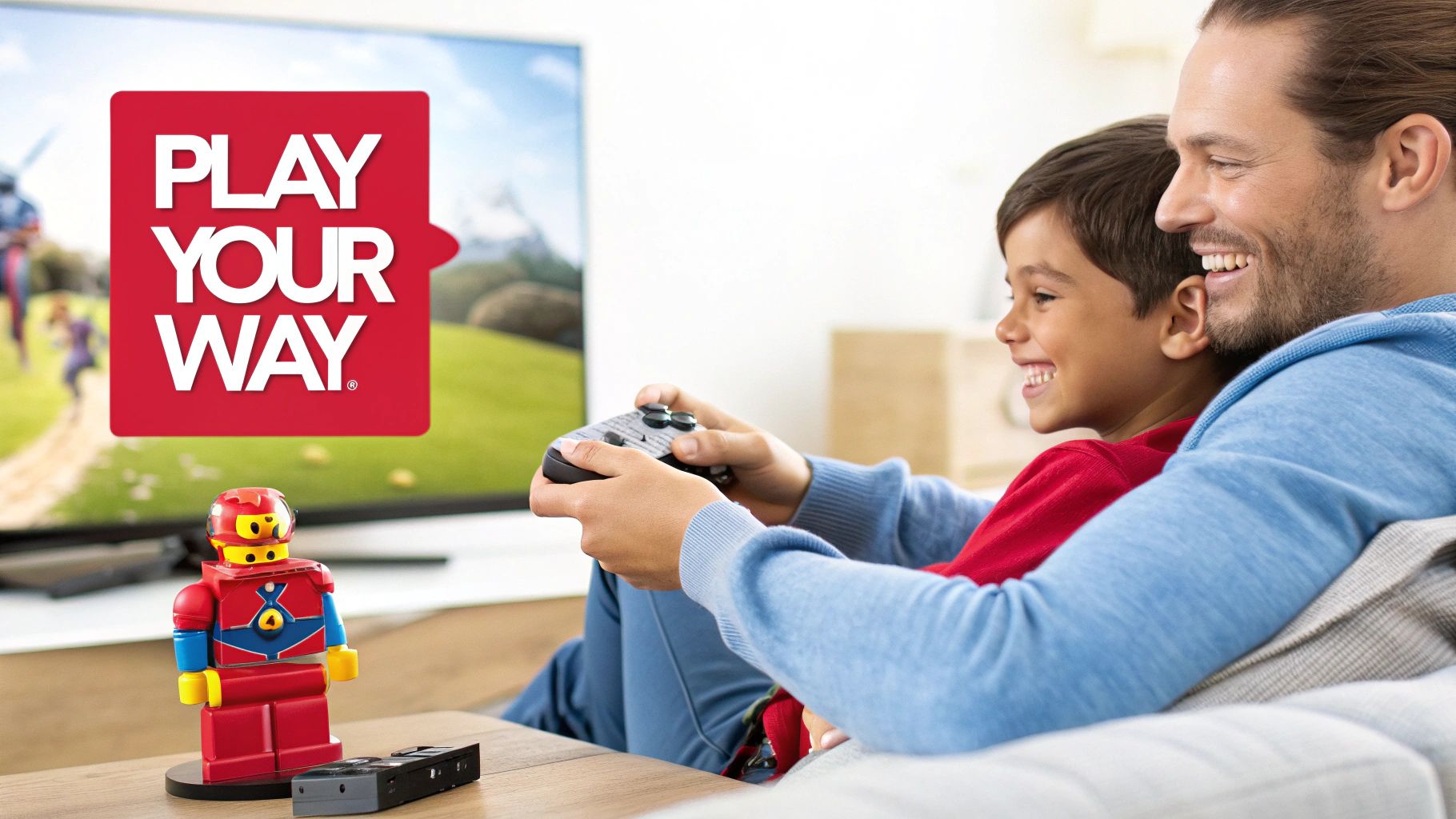 Smiling father and son playing video games together with a controller, watching a TV displaying 'PLAY YOUR WAY'.