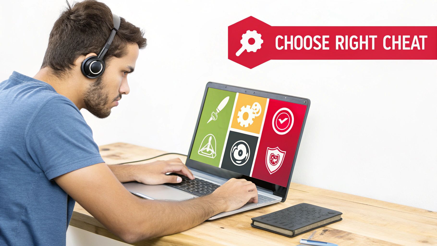 A focused young man wearing headphones uses a laptop displaying various game-related icons and a banner 'CHOOSE RIGHT CHEAT'.