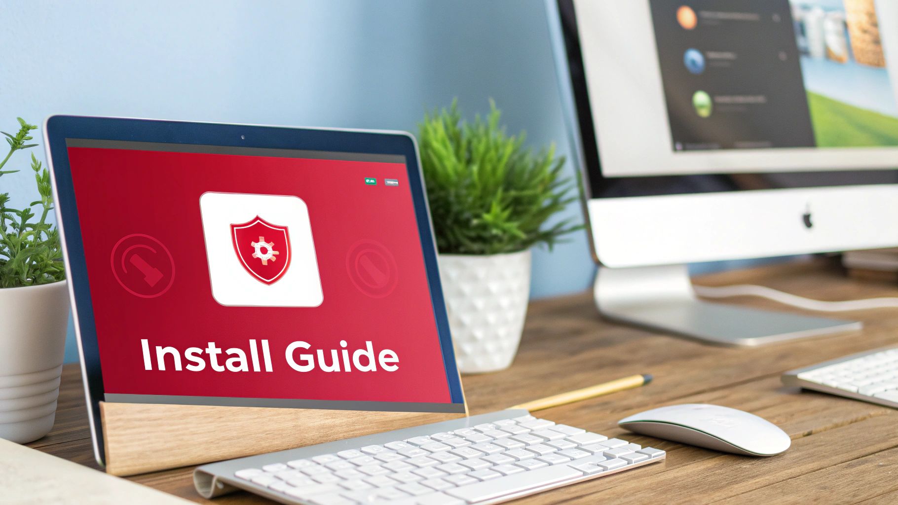 A tablet displays an 'Install Guide' with a shield icon on a wooden desk with a keyboard.
