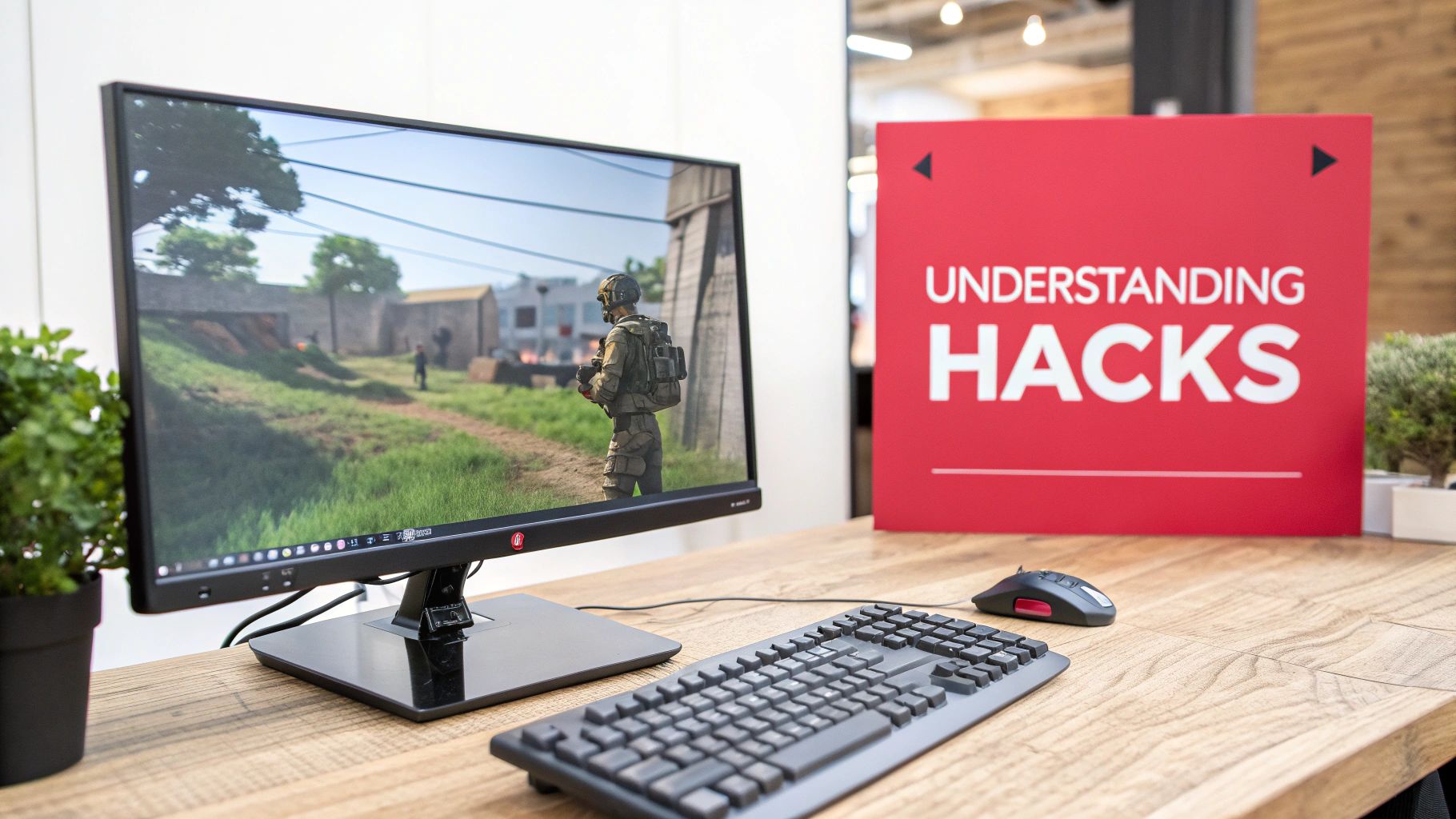 A monitor displays a video game with a soldier, alongside a keyboard, mouse, and an 'Understanding Hacks' sign.
