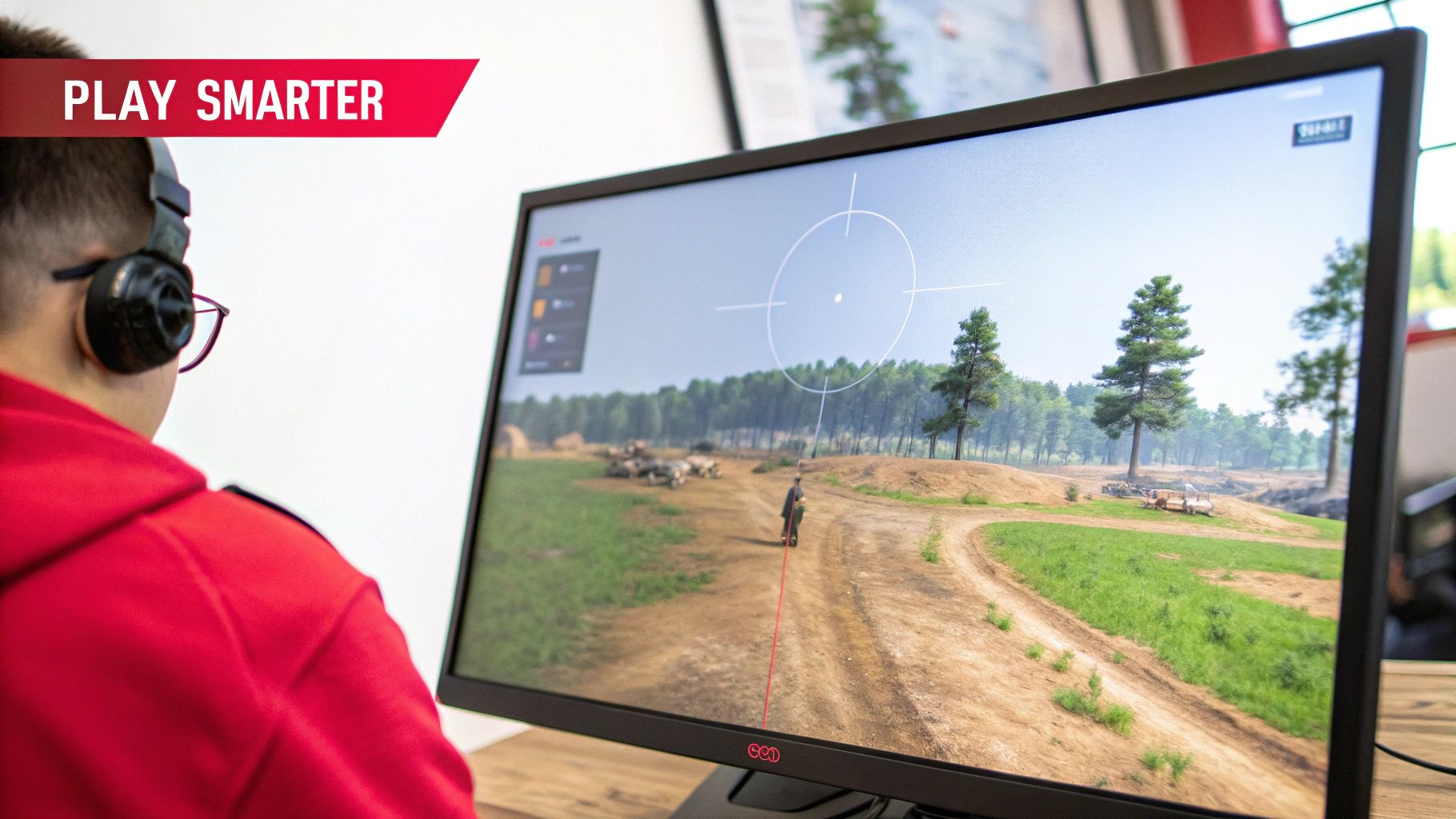 A person wearing headphones and glasses plays a first-person shooter game on a monitor.