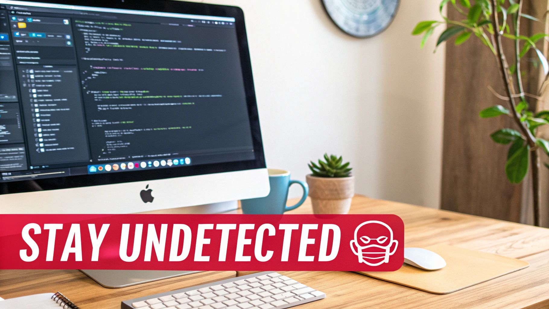 A developer's desk with an iMac displaying code and a banner reading 'STAY UNDETECTED'.