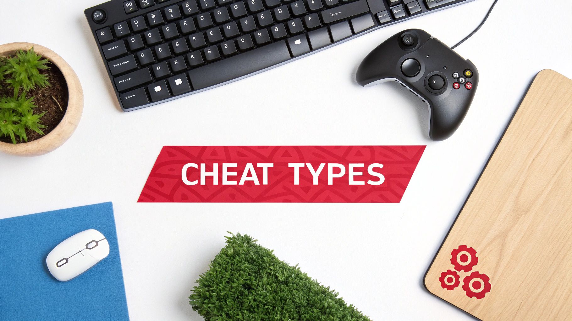 A flat lay of gaming setup with a keyboard, controller, mouse, and a banner displaying 'CHEAT TYPES'.