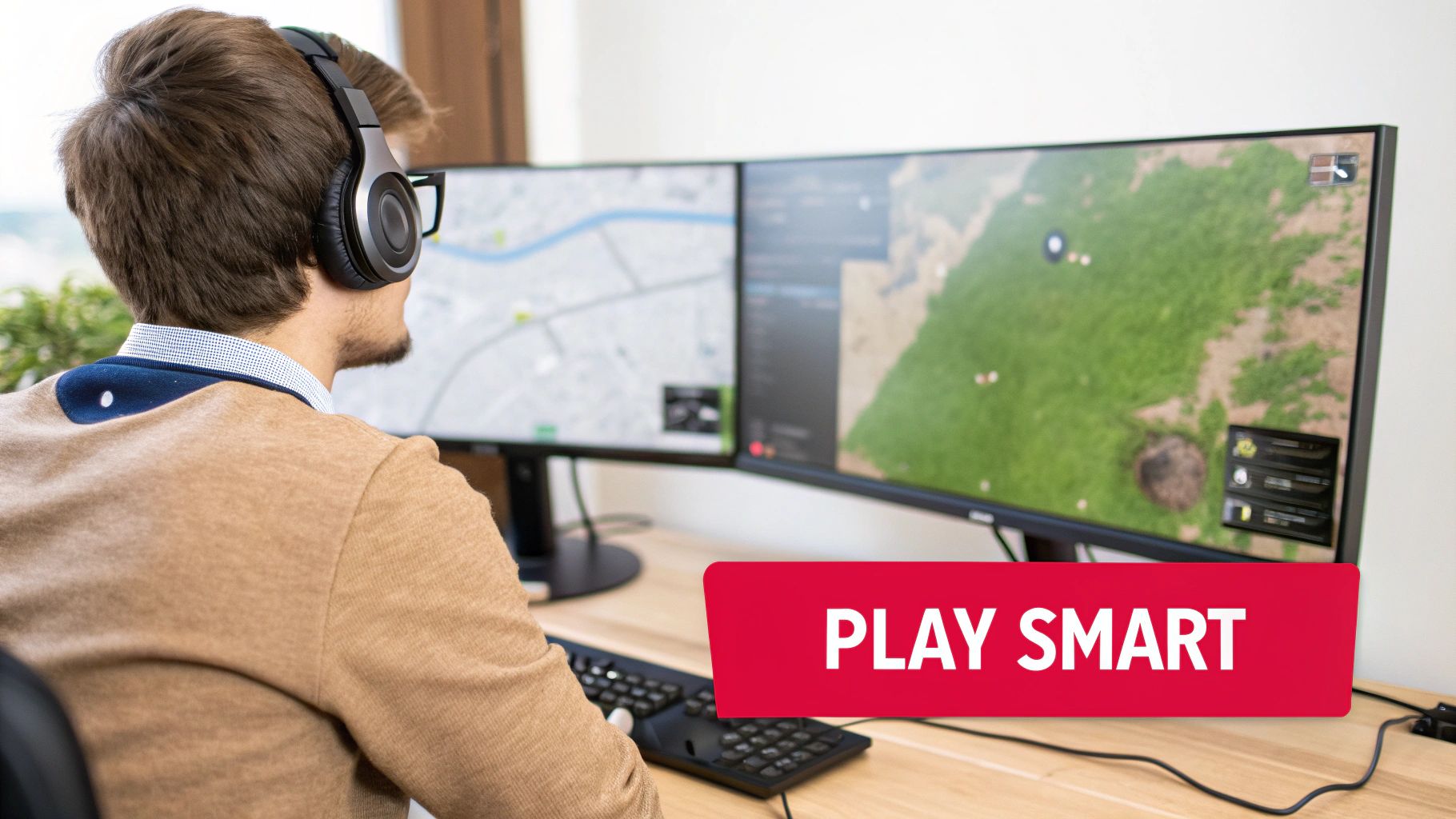 A person wearing headphones and glasses plays a video game on dual monitors, with a keyboard visible.