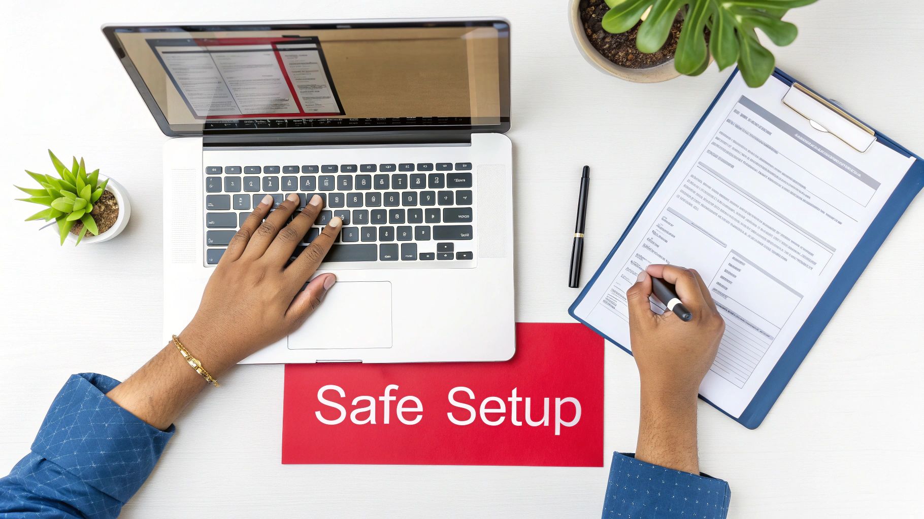 Top-down view of a person working at a white desk with a laptop, clipboard, and a 'Safe Setup' sign.