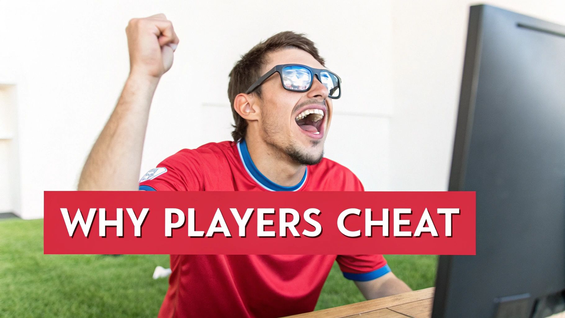 An excited gamer in a red shirt and black glasses celebrates, with the text 'WHY PLAYERS CHEAT' overlaying.
