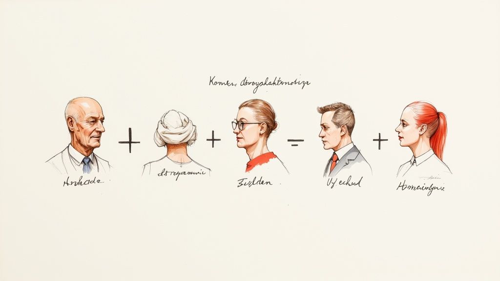 Rysunkowe portrety pięciu osób połączone symbolami plus i minus w sekwencji.