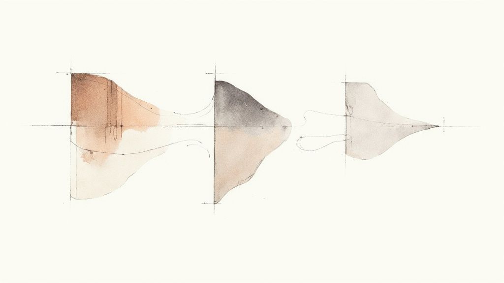 Trzy abstrakcyjne akwarelowe kształty, ukazujące ewolucję formy, z zaznaczonymi liniami konstrukcyjnymi.