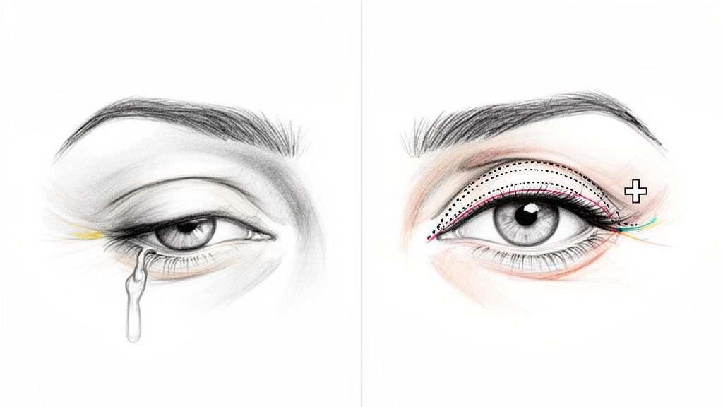 Rysunek porównujący oko z opadającą powieką i łzą z okiem z zaznaczonym makijażem korygującym.