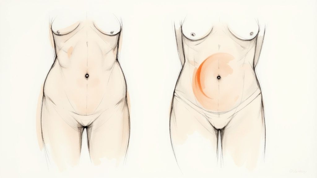 Dwa rysunki kobiecych tułowi, ilustrujące różnice w kształcie brzucha, prawdopodobnie przed i po zabiegu.