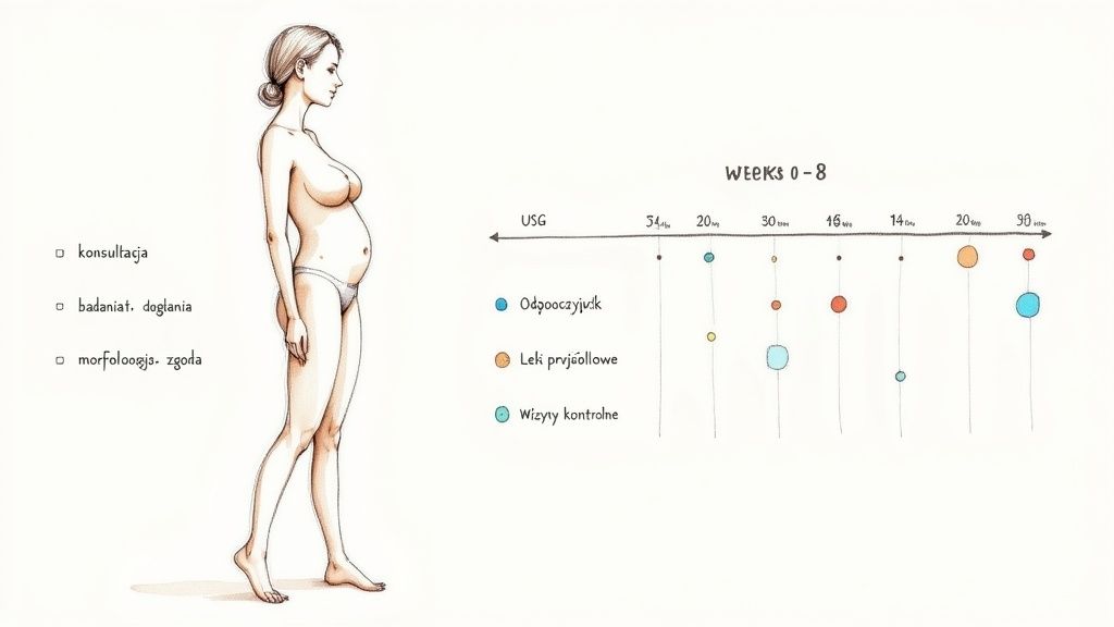Ilustracja ciężarnej kobiety i harmonogram badań oraz konsultacji w czasie ciąży.
