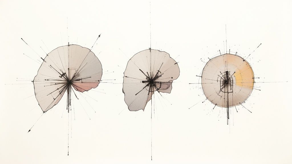 Abstrakcyjne szkice trzech okrągłych kształtów z liniami konstrukcyjnymi przedstawiające proces planowania liftingu twarzy