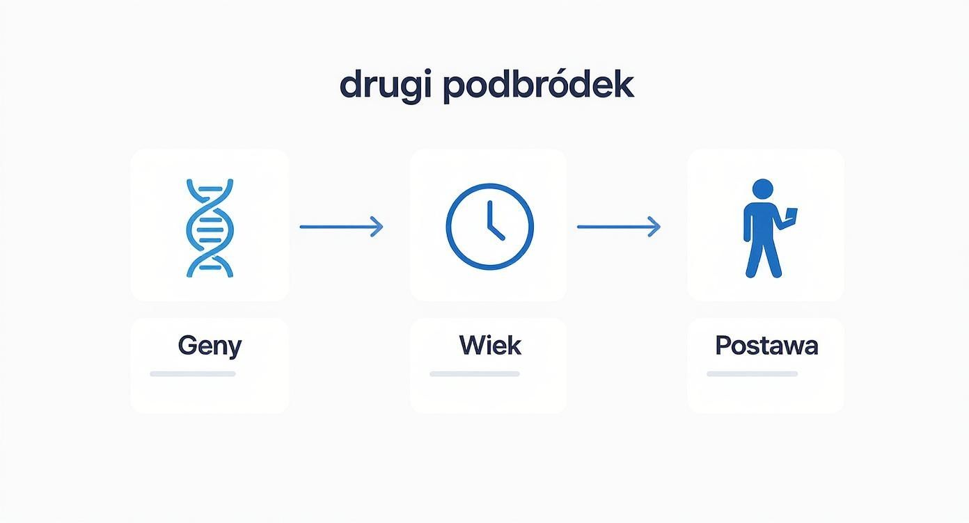 Diagram przedstawiający czynniki wpływające na powstanie drugiego podbródka: geny, wiek i postawa.