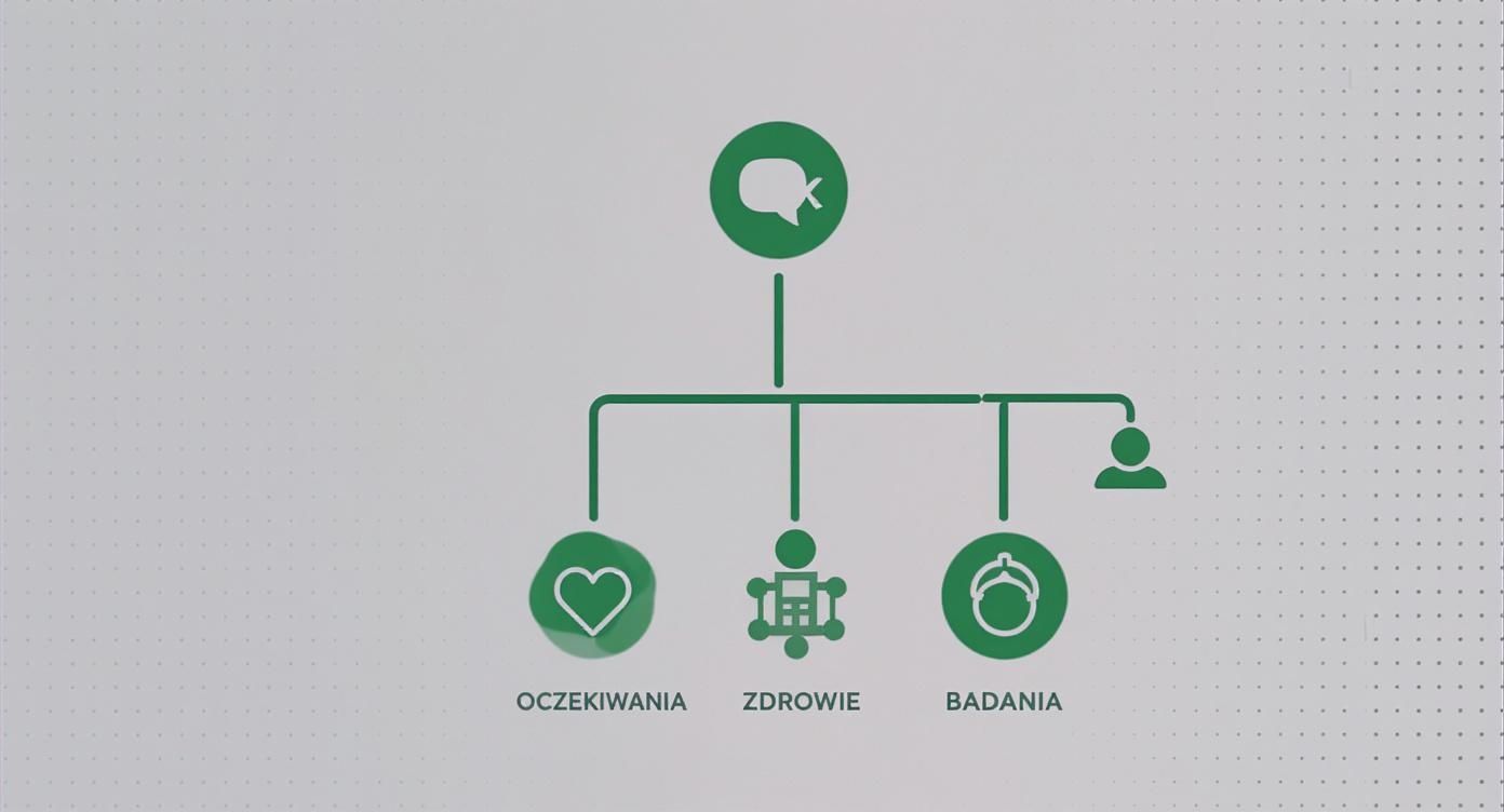 Diagram z zielonymi ikonami i polskimi napisami: Oczekiwania (serce), Zdrowie, Badania (żołądź) i ikona osoby.