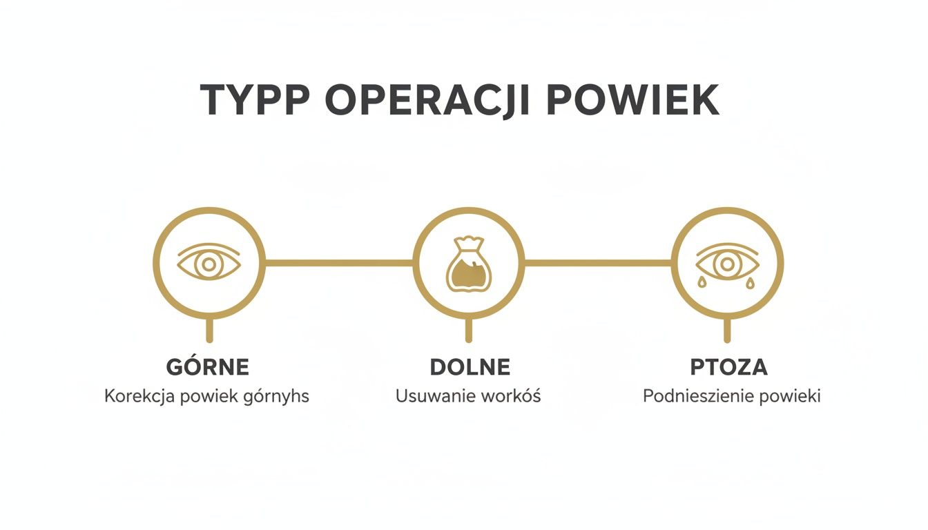 Schemat przedstawiający trzy typy operacji powiek: górne (korekcja), dolne (usuwanie worków) i ptoza (podniesienie powieki).