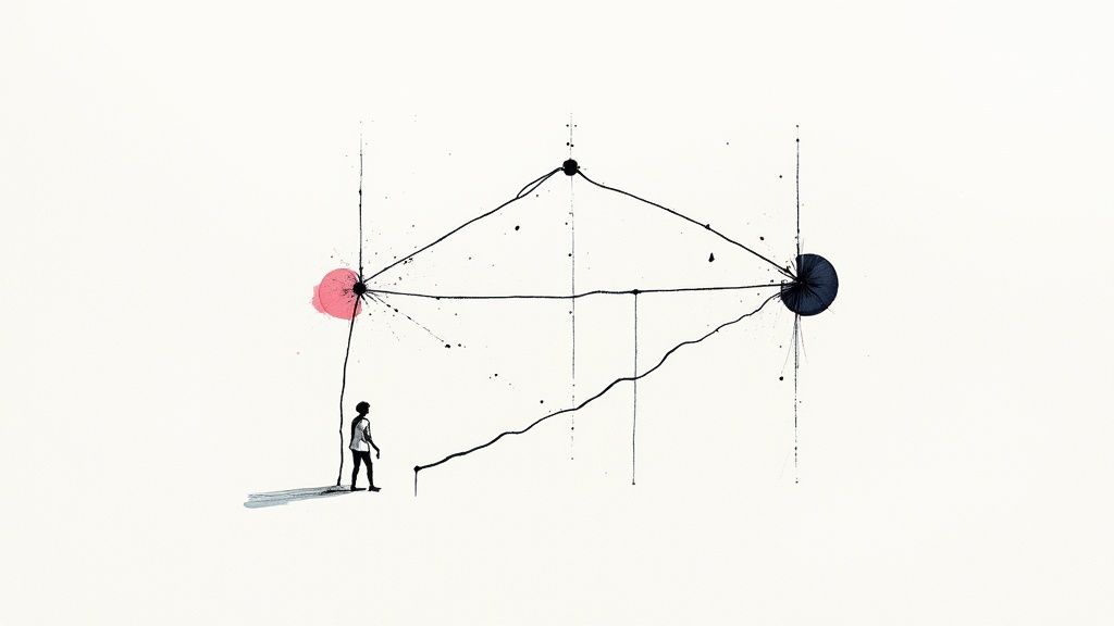 Abstrakcyjna ilustracja przedstawiająca sylwetkę osoby patrzącej na geometryczne kształty symbolizujące decyzję i drogę