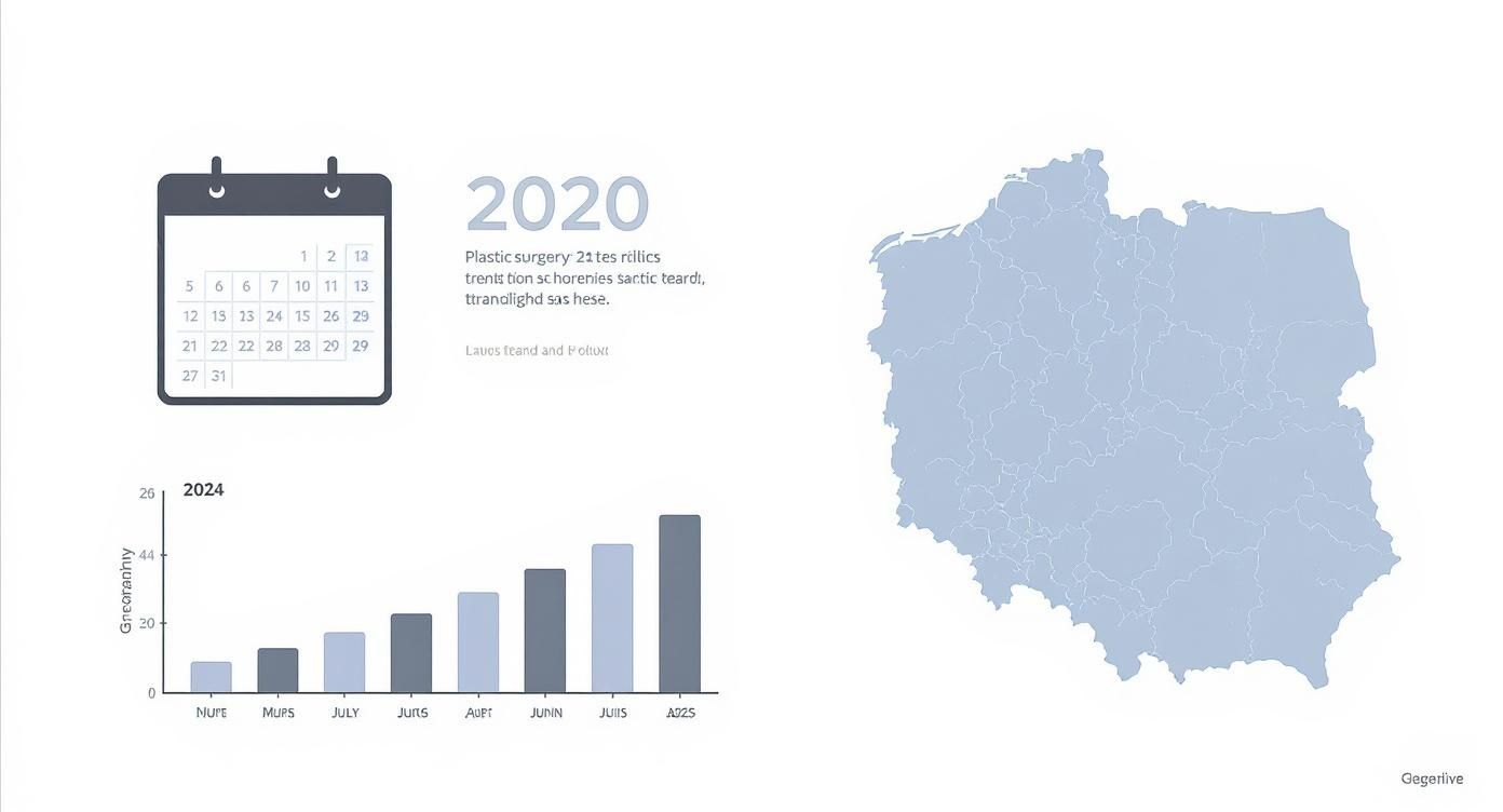 Obraz przedstawia kalendarz, wykres słupkowy z danymi geograficznymi 2024 oraz szczegółową mapę Polski.