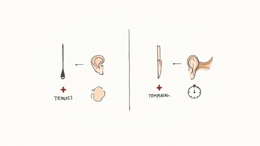 Dwa schematy przedstawiające różne etapy lub metody korekcji uszu, z narzędziami i pomiarem czasu.