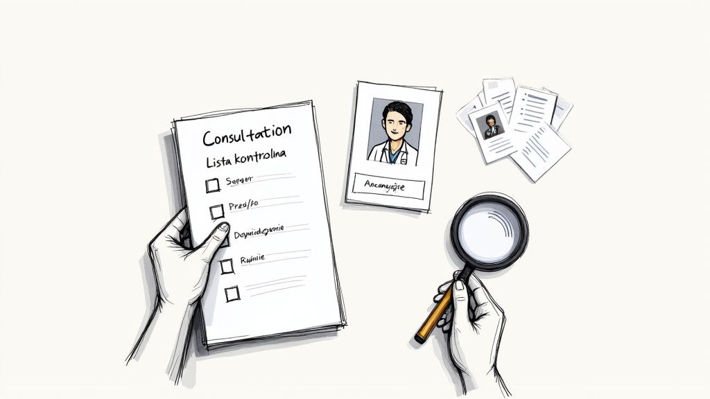 Ręce trzymające listę kontrolną konsultacji oraz lupę do przeglądania dokumentów medycznych.