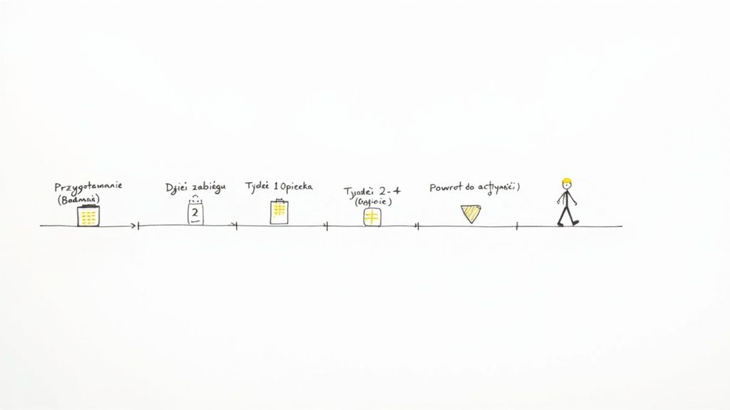 Wizualna oś czasu przedstawiająca etapy zabiegu medycznego: przygotowanie, dzień zabiegu, tydzień opieki, gojenie i powrót do aktywności.