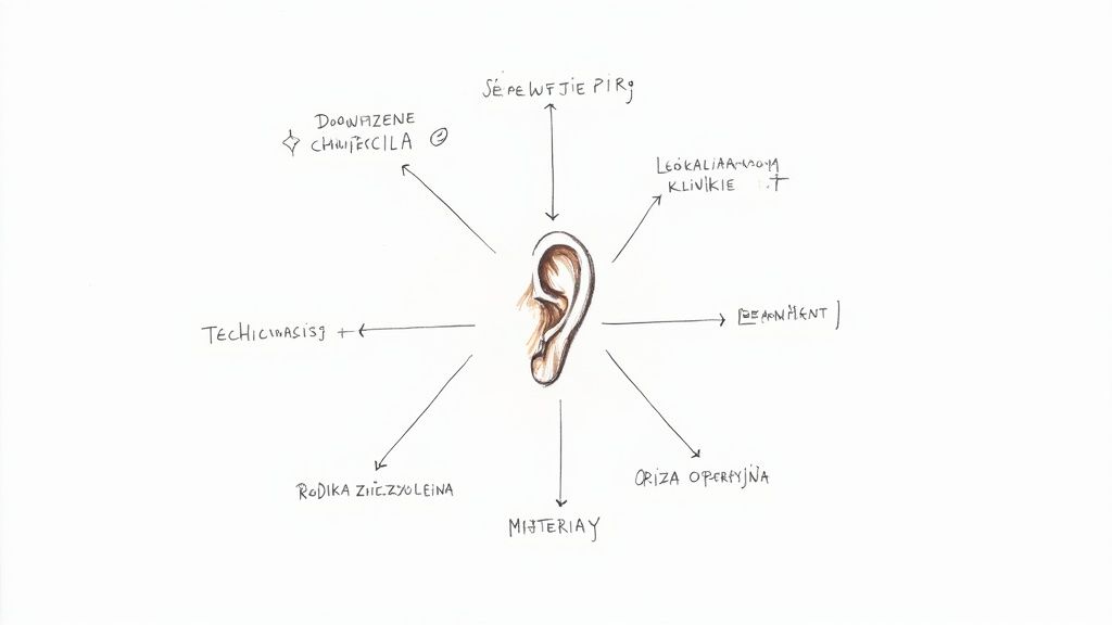 Schemat z rysunkiem ucha w centrum, otoczony strzałkami wskazującymi na różne aspekty związane z operacją plastyczną.