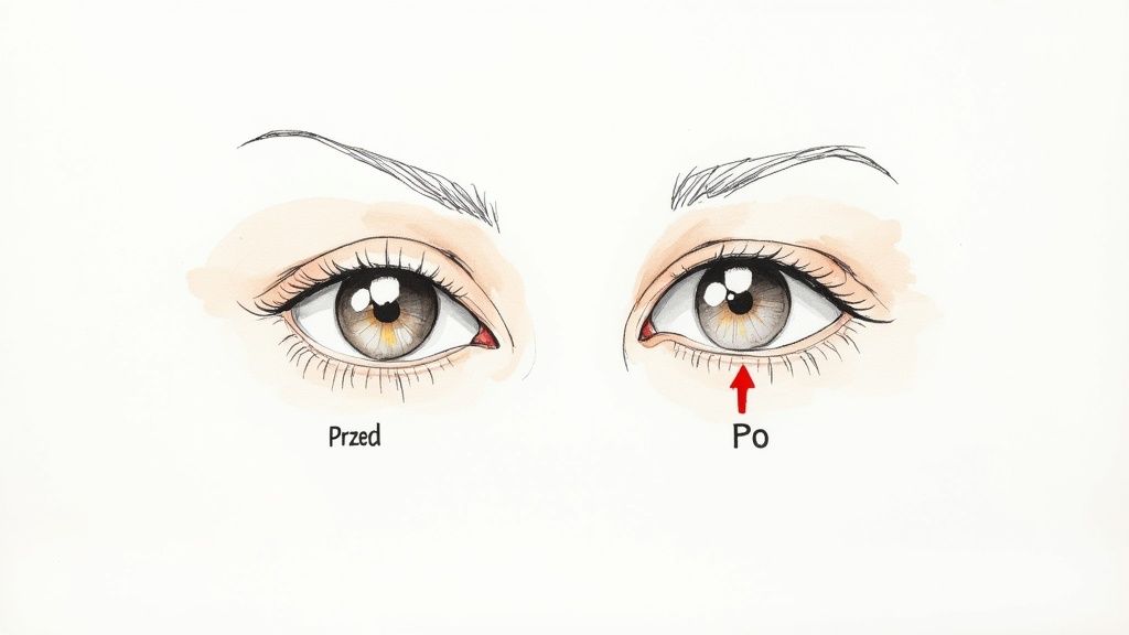Rysunek przedstawiający oczy przed i po operacji plastycznej powiek dolnych, wskazujący widoczną zmianę.